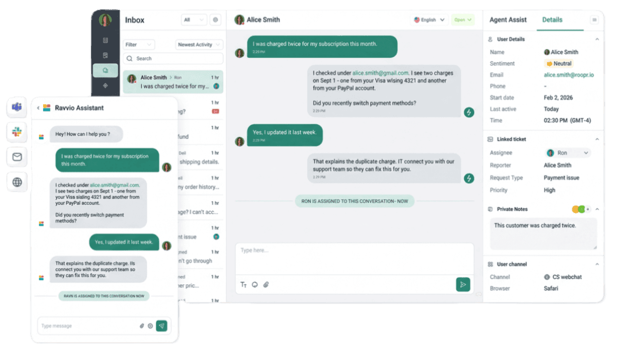 Support Suite Desk interface with inbox, agent assist, and Ravvio Assistant