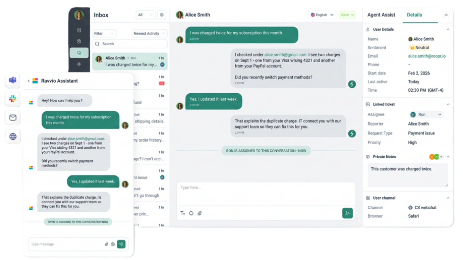 Support Suite Desk interface with inbox, agent assist, and Ravvio Assistant
